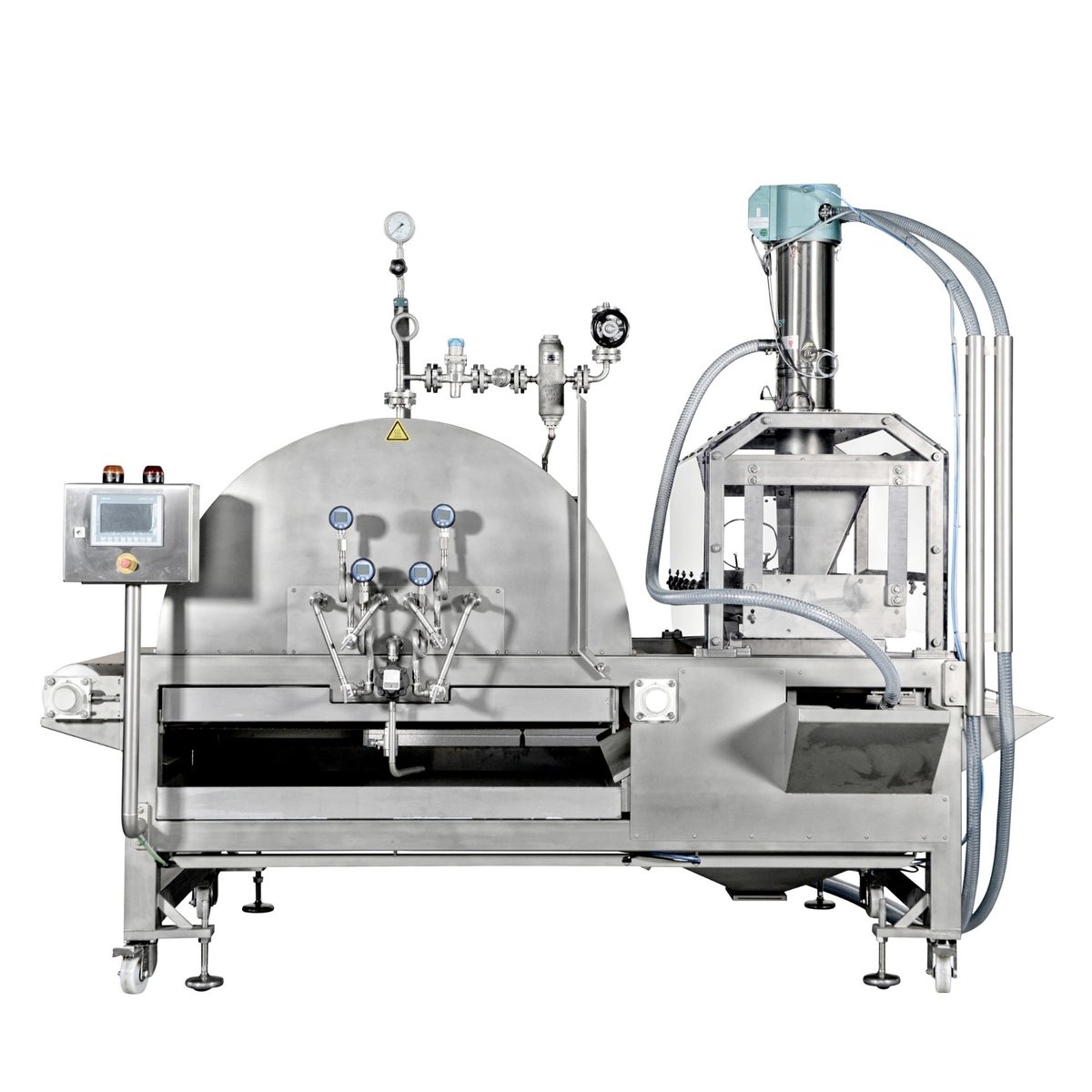 Extrufood sugar sander — domed enclosure with pressure gauges and spray system for even sugar coating of extruded products